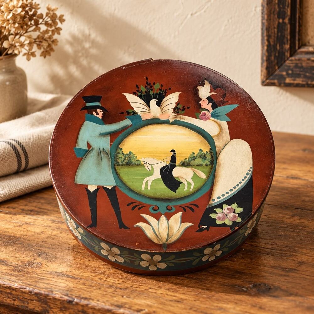 Vintage Hand Painted Folk Art Round Box Signed Fabric Lined 13”